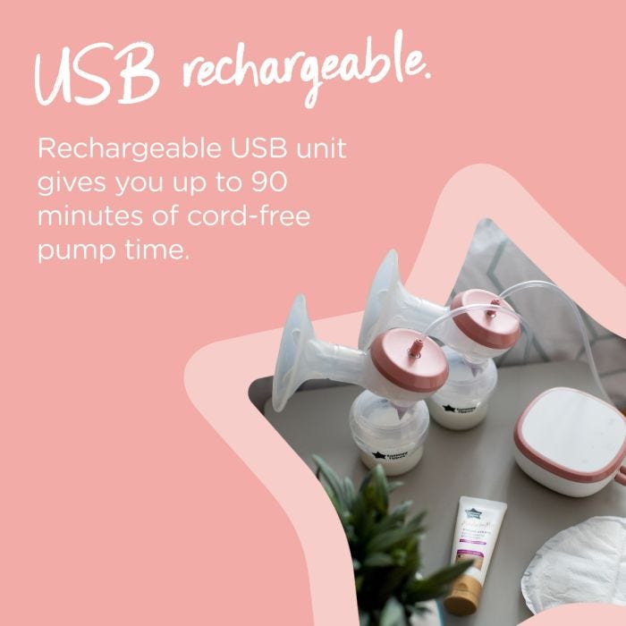 Aerial view of double breast pump, power unit and nipple cream on grey table with text about its USB rechargeable battery