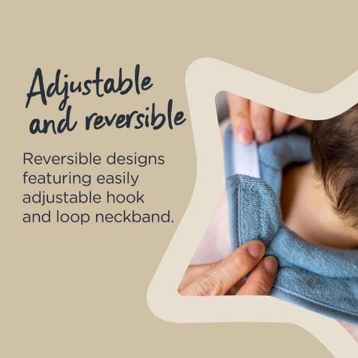 Close up of the padded neckband on a blue milk feeding bib with text explaining these bibs are adjustable and reversible.