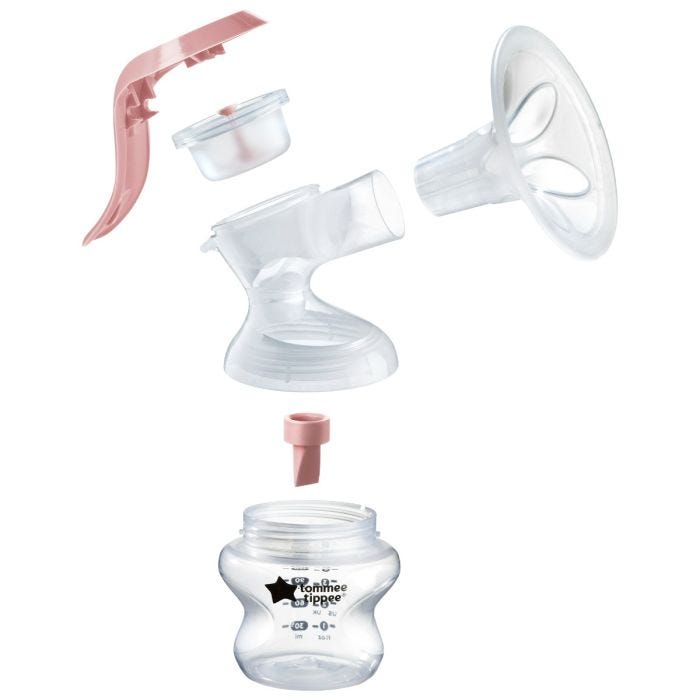 Exploded shot of Tommee Tippee’s Manual Breast Pump with a clear view of each individual part.