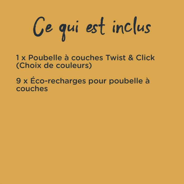 Infographie présentant les éléments du lot, notamment un choix de sacs poubelle couches et 9 recharges écologiques plates 