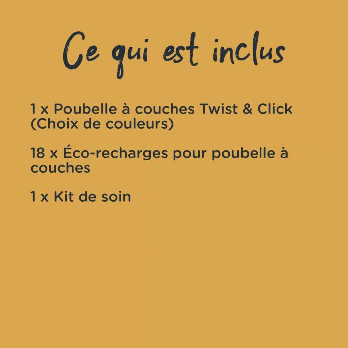 Infographie présentant un lot contenant un choix de sacs poubelle couches, 18 recharges plates et un kit de soins pour bébé 