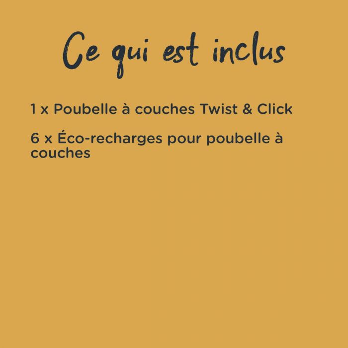 Infographie présentant les éléments du lot, notamment un choix de sacs poubelle couches et 6 recharges écologiques plates 