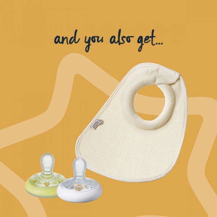 Image of what else is included featuring 2 bibs and 2 breast-like soothers
