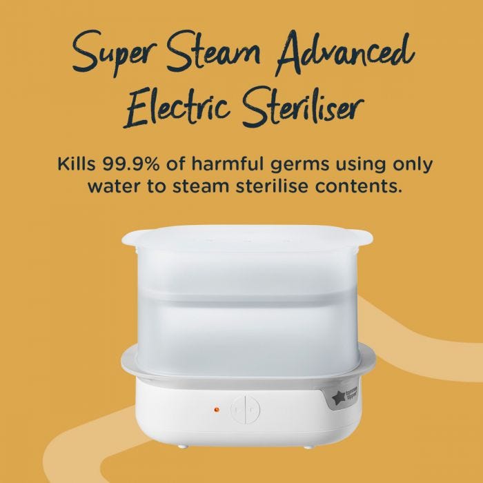Image of steriliser with description of how it sterilisers using only steam