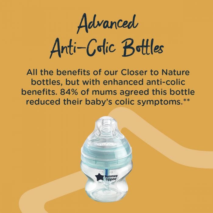 Image of advanced anti colic baby bottle explaining the benefits and that 84% of mums saw reduced symptoms of colic