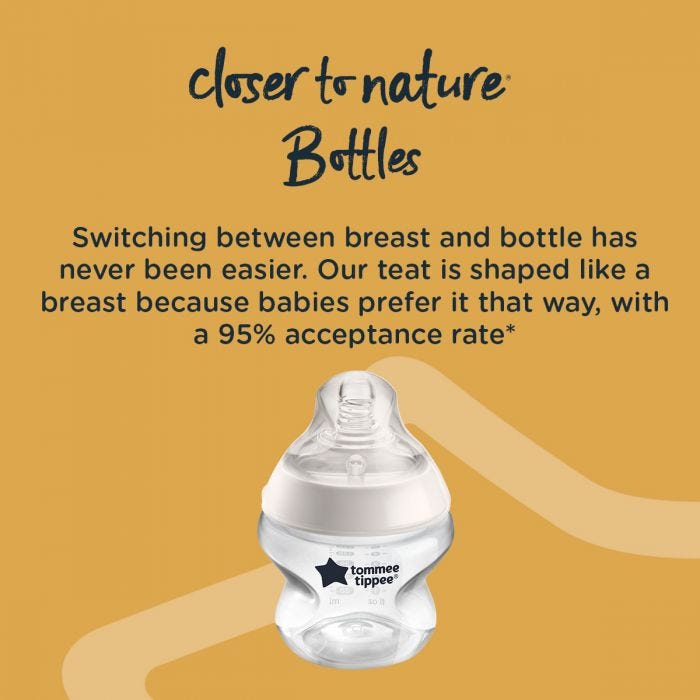 Image of closer to nature baby bottles with detail of benefits including 95% acceptance rates