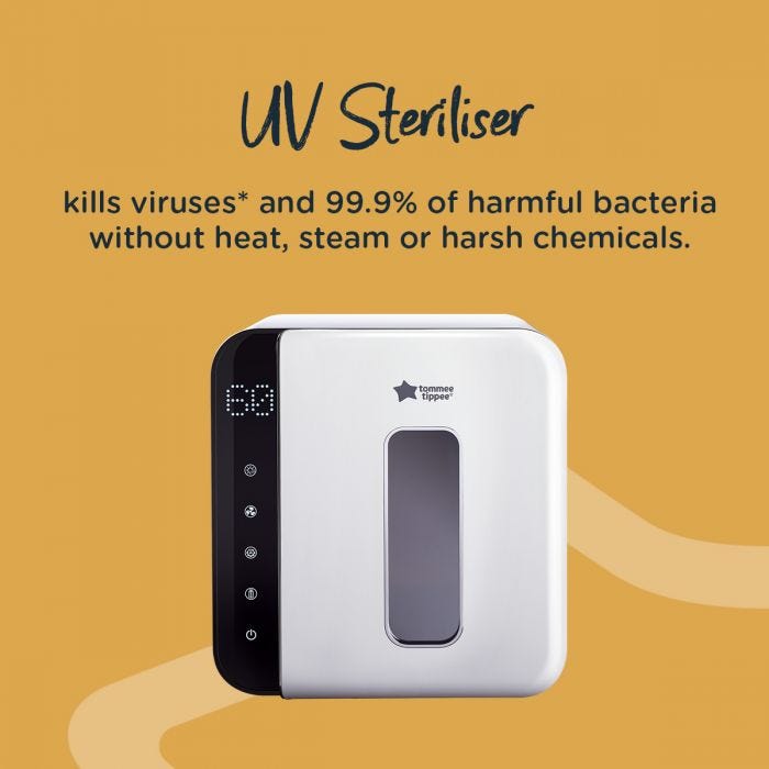 Image of the UV steriliser in white with detail around how it uses UV light to kill viruses and bacteria