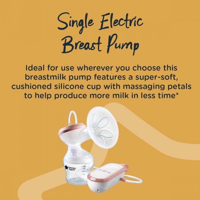 Image of the single electric breast pump with detail on how it can help express more milk in less time