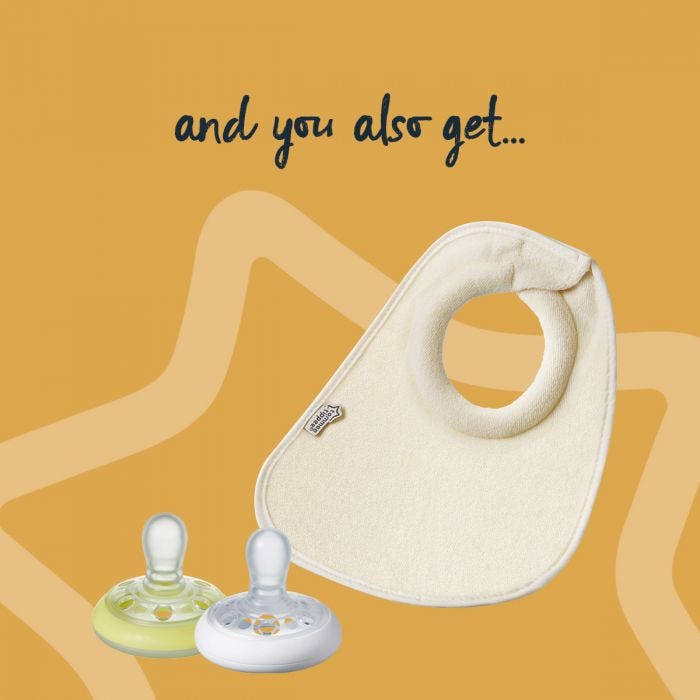 Image of additional contents including 2 breast like soothers and 1 milk feeding bib