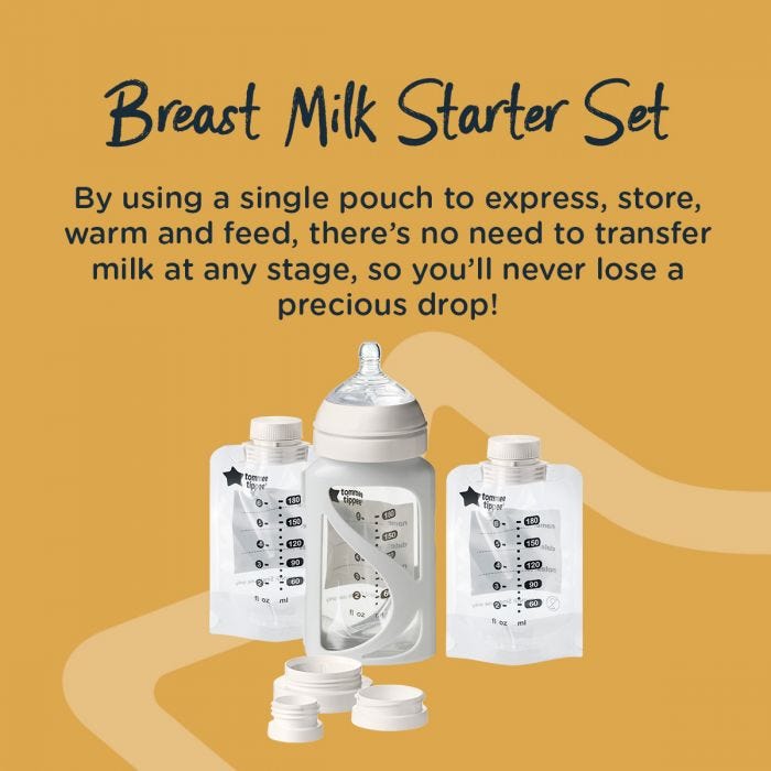 Image of breast milk starter set with detail on how it helps reduced lost milk in transfer