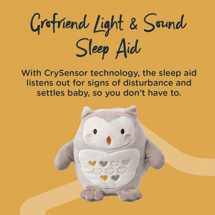 Image of ollie the owl grofriend sleep aid with detail of how the crysensor activates to help sooth baby