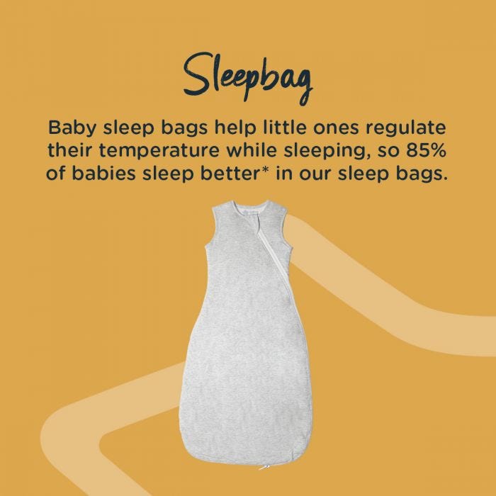 Image of baby sleepbag with detail on how babies sleep better in a sleepbag