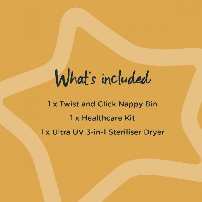 Infographic of what’s included in the bundle including; UV steriliser and nappy bin