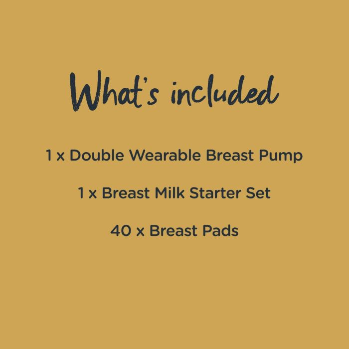 Infographic listing what’s in the wearable breast pump bundle including double wearable breast pump, breast pads and breast milk starter set.