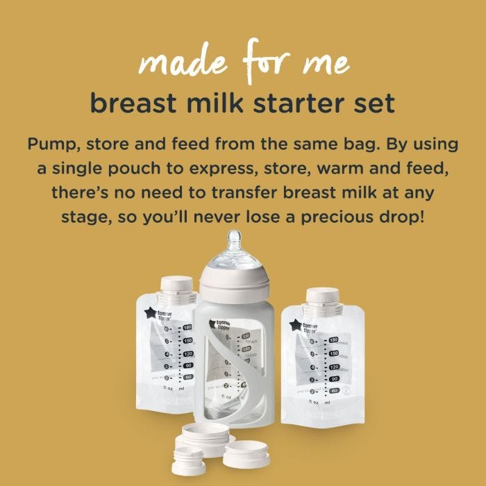 Image of the breast milk starter set with detail of how you can pump, store and feed using the same bag