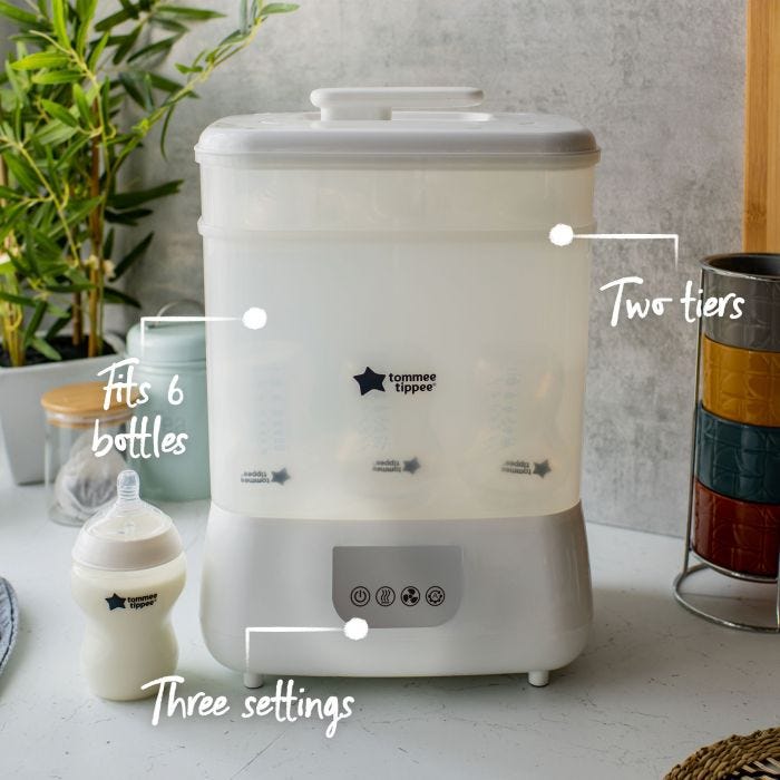 White Steridryer with pointers to its three settings and tiered rack