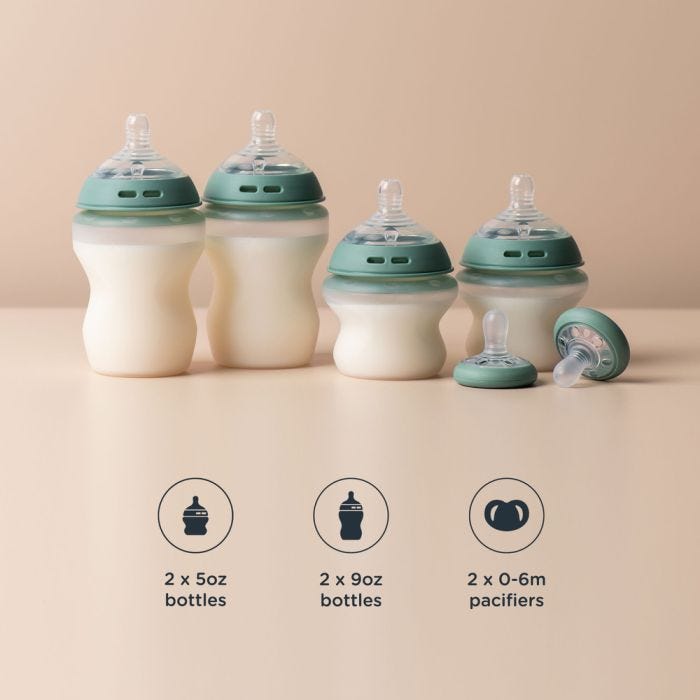 Natural Start Silicone baby bottles and Breast-Like soothers against a beige background with roundels describing each item