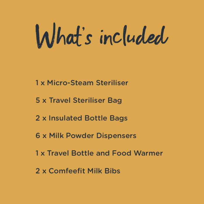 List of products included in Bottle Feeding Away from Home pack, including microwave steriliser, steriliser bags, travel warmer.