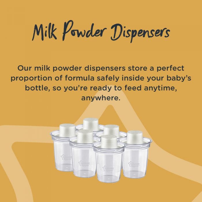 6 milk powder dispensers with detail around how they can fit the perfect portion of formula for on-the-go feeds.