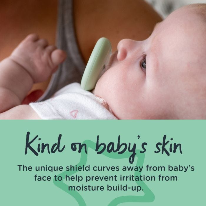 Baby with green breast-like pacifier in mouth with text describing how these soothers are kind on baby’s delicate skin.