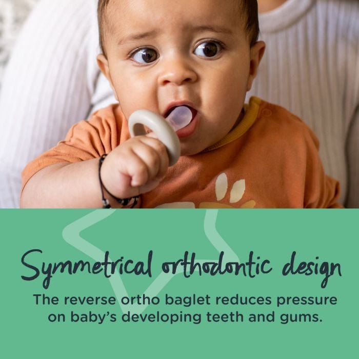 Baby holding a breast-like soother teat to his mouth with describing the benefits of the symmetrical orthodontic design.