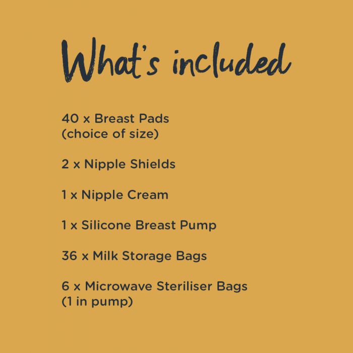 List of products included in the breastfeeding start pack bundle. Including silicone breast pump, breast pads and more.