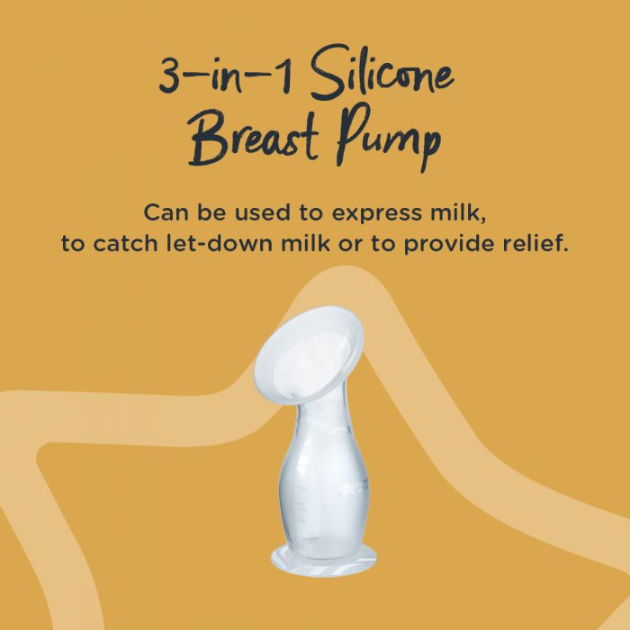 3-in-1 silicone breast pump with explanation of benefits including let down aid to provide relief. 