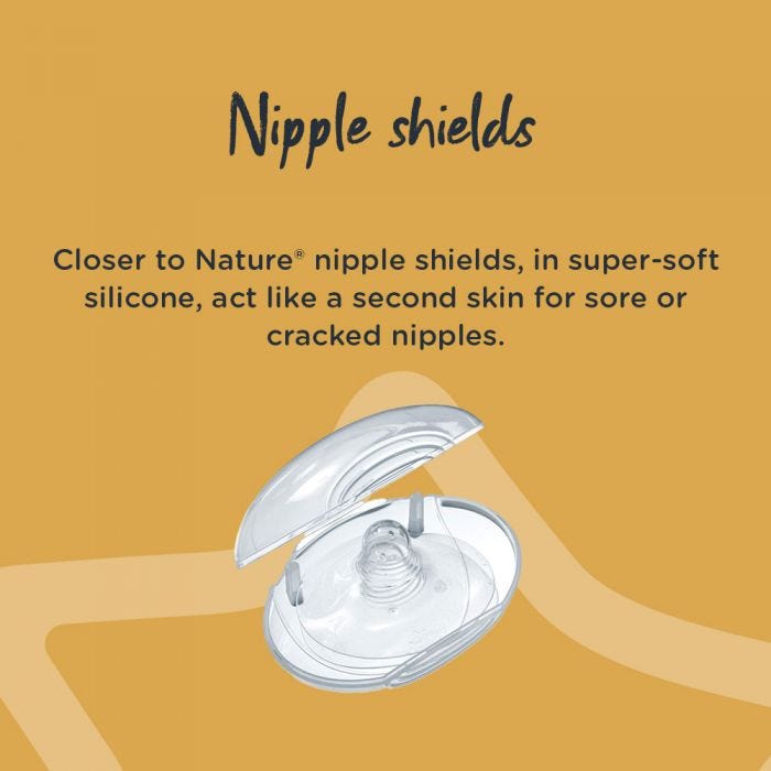 2 Nipple shields in storage case with detail of how these soft silicone shields provide relief for cracked nipples.