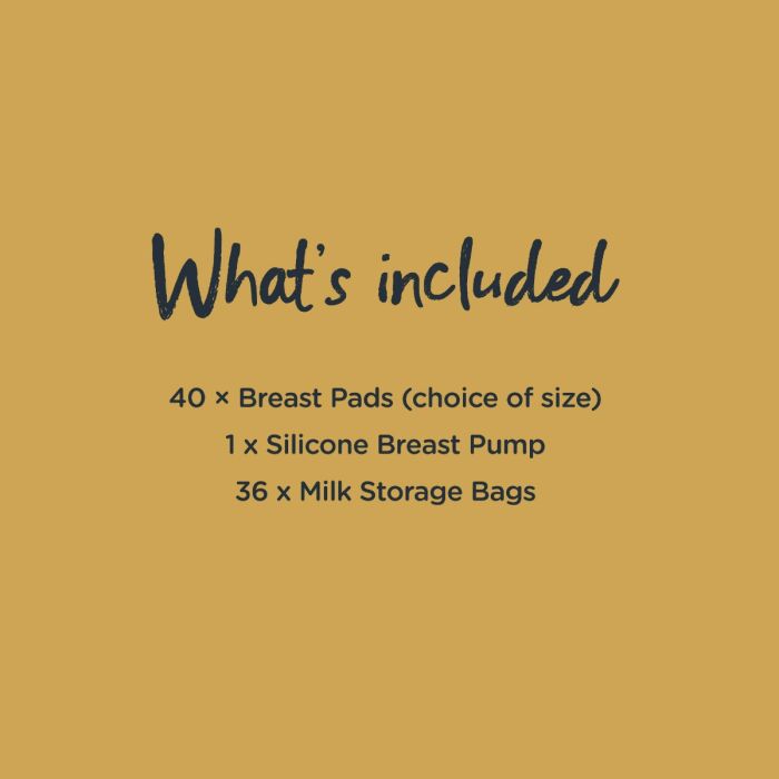 List of products included in the breastfeeding start pack bundle. Including silicone breast pump, breast pads and more.