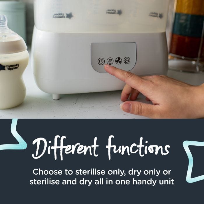 Someone pressing a button on their Steridryer with text about its three different settings