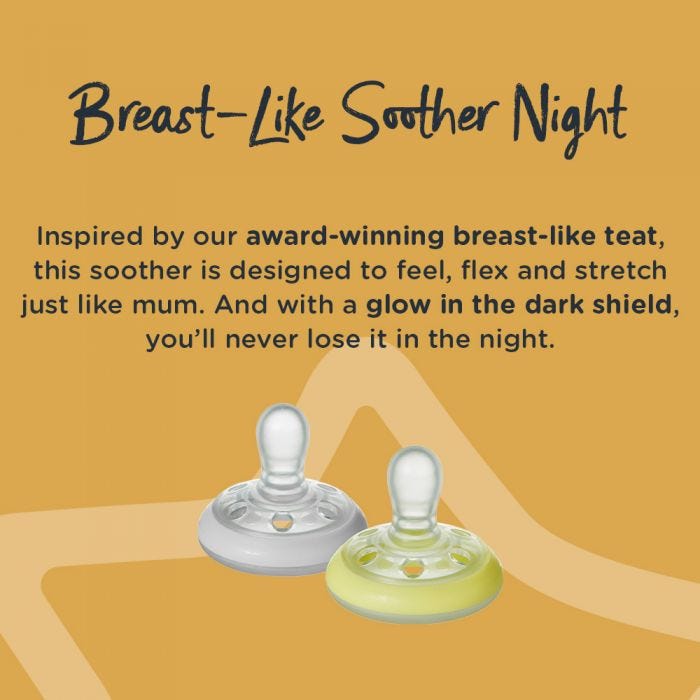 Image of breast-like night soothers in yellow and grey with detail around the key benefits