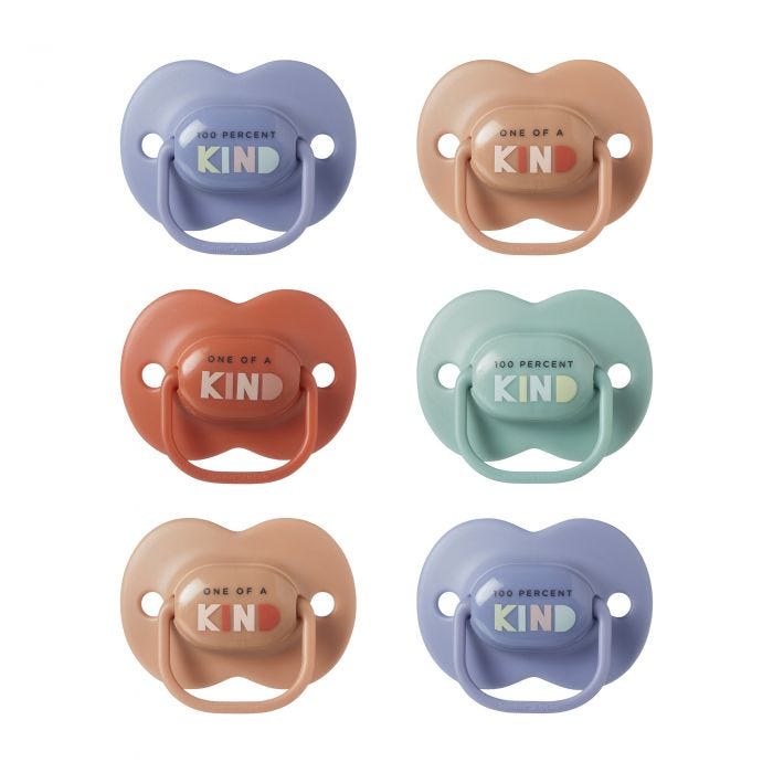 6 pack of Anytime soothers in various colours and designs on a white background.