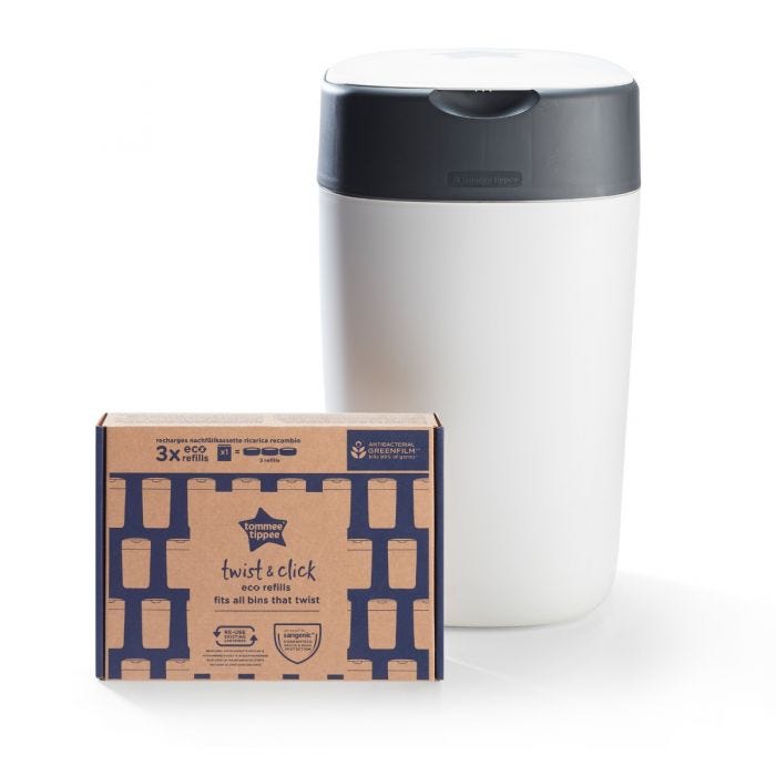 Image sur fond blanc d&apos;un lot comprenant un sac poubelle couche blanc et un pack de 3 recharges écologiques plates 