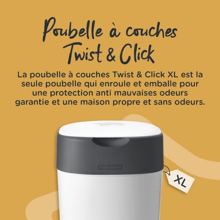 Infographie présentant un sac poubelle couche blanc et les propriétés de protection contre les odeurs Twist and Click XL 