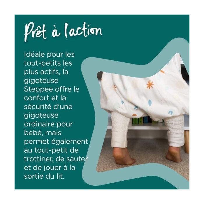 Un enfant debout sur la pointe des pieds portant une Steppee blanche à côté d&apos;un texte expliquant comment elle est parfaite pour les enfants actifs.