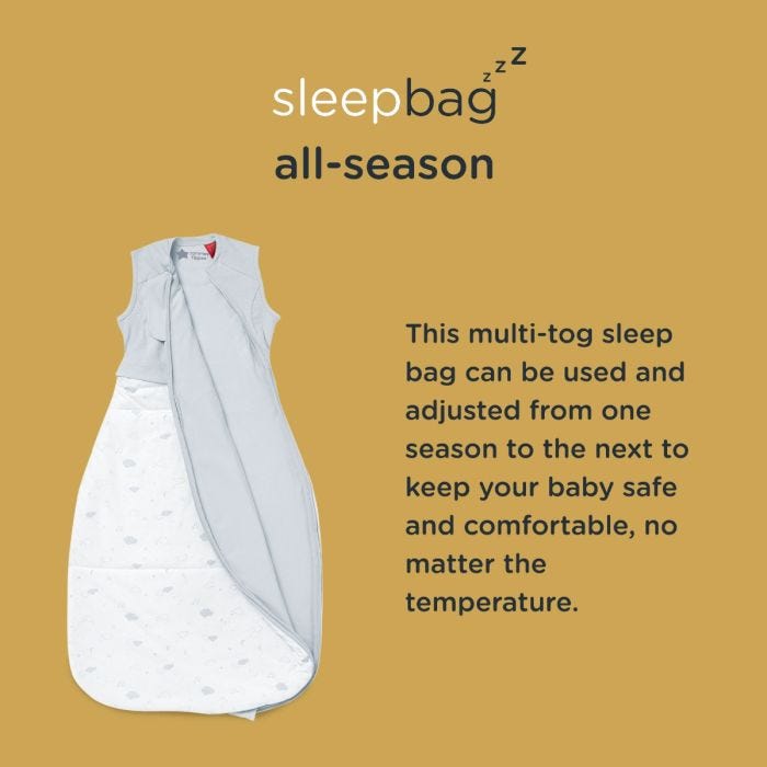 All-Season Sleepbag with description of how it is multi-tog sleepbag that can be used and adjusted from one season to the next. Choice of age range