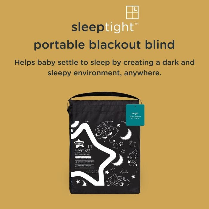 Portable blackout blind with description of how it helps baby settle by creating a dark and sleepy environment. 
