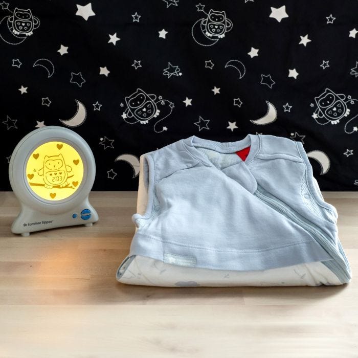 Products included in the clock change bundle. Including all-season sleepbag, groclock and large portable blackout blind in nursery.