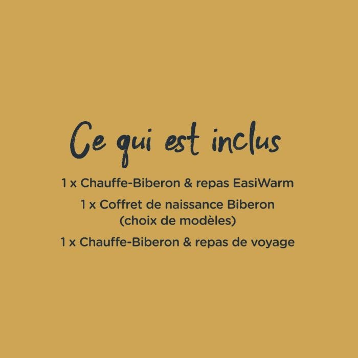 Infographie présentant les éléments du lot, tels que chauffe-biberon et petits pots, biberons et chauffe-biberon de voyage