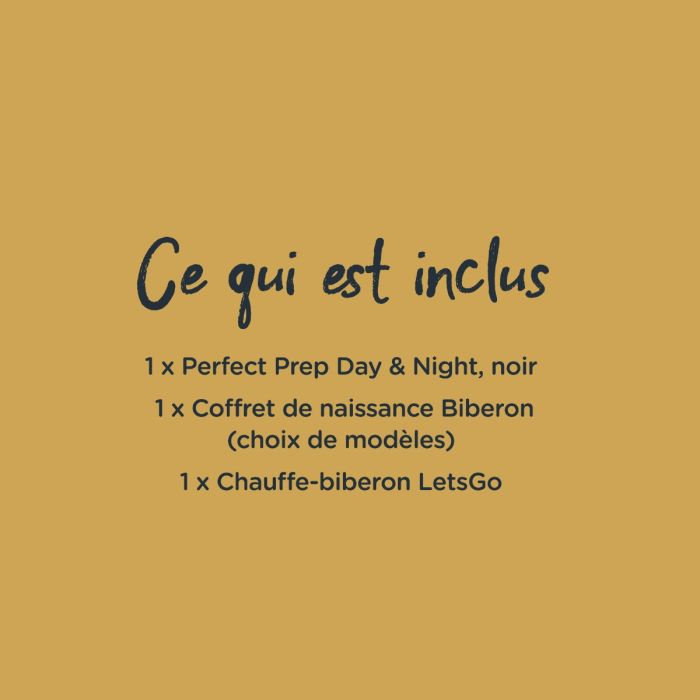 Infographie présentant un préparateur de biberons Perfect Prep, des biberons et un chauffe-biberon pour vos déplacements