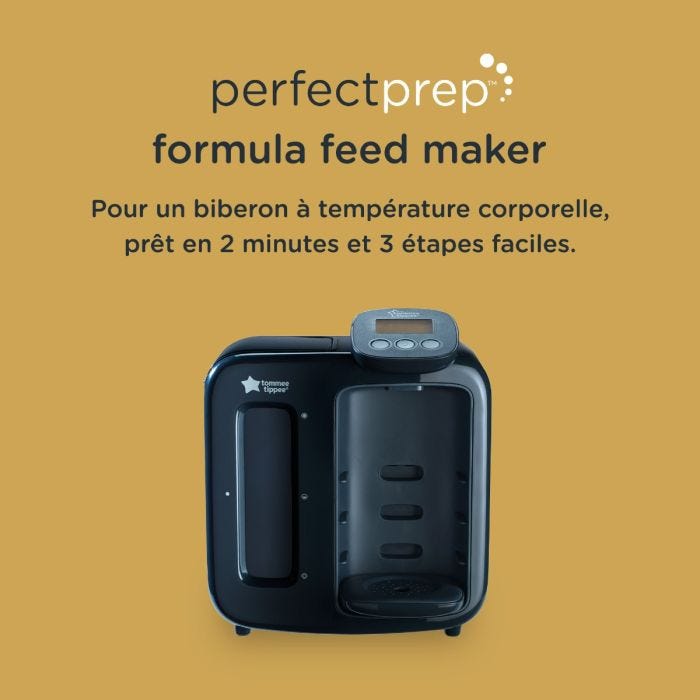 Machine Perfect Prep en noir avec la description de la préparation d&apos;un biberon à température corporelle, prêt en 2 minutes