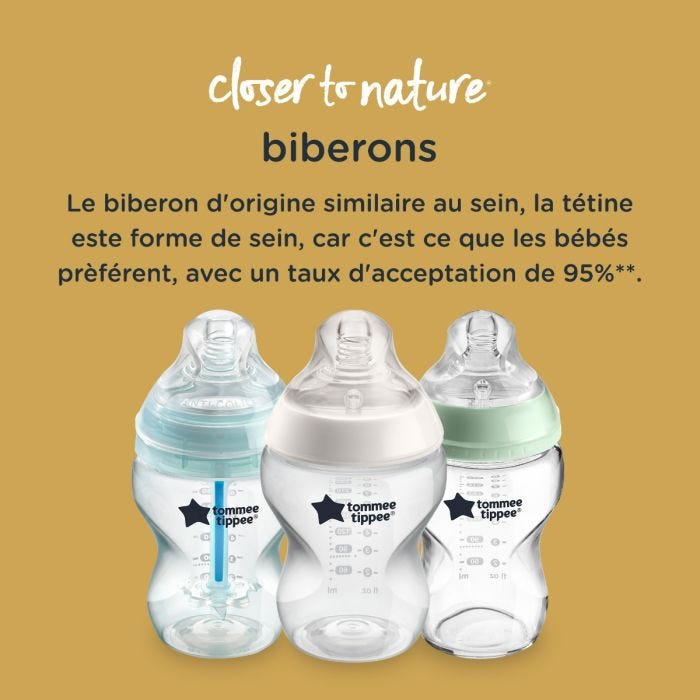 Sélection de biberons avec la description de l&apos;importance de la forme de sein maternel car c&apos;est ce que les bébés préfèrent