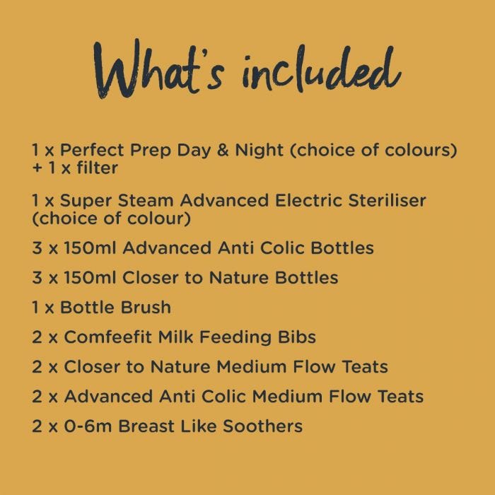 List of what is included in the complete bottle feeding bundle. Including steriliser, perfect prep machine, bottles and accessories.