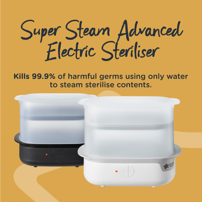 Electric steam steriliser explaining how it kills viruses and 99.9% of bacteria using steam. Choice of colours.