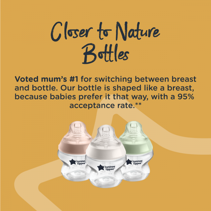 Three 150ml closer to nature bottle. Voted mum’s #1 for switching between breast and bottle with 95% acceptance rate.