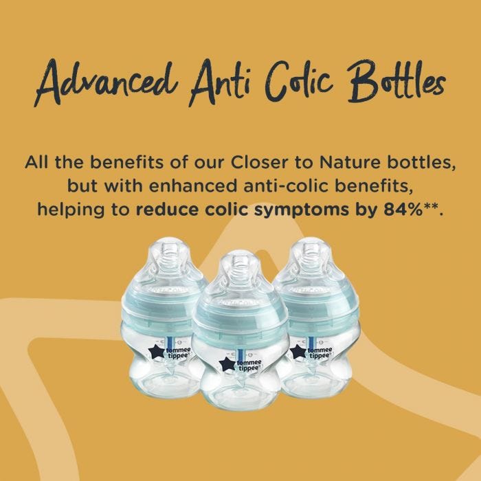 3 150ml Advanced Anti Colic bottles. All the benefits of closer to nature with anti-colic features. Reducing colic by 84%.
