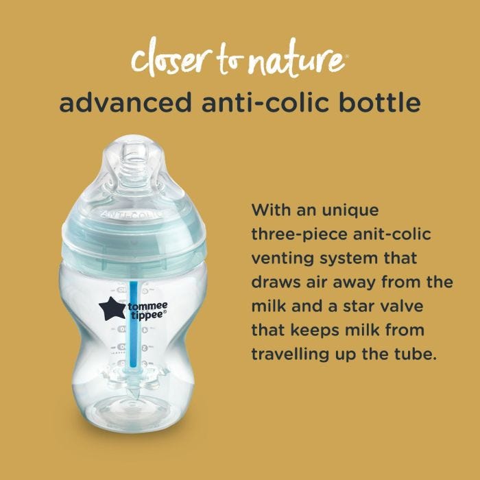 Image of advanced anti colic baby bottle explaining the benefits and that 84% of mums saw reduced symptoms of colic