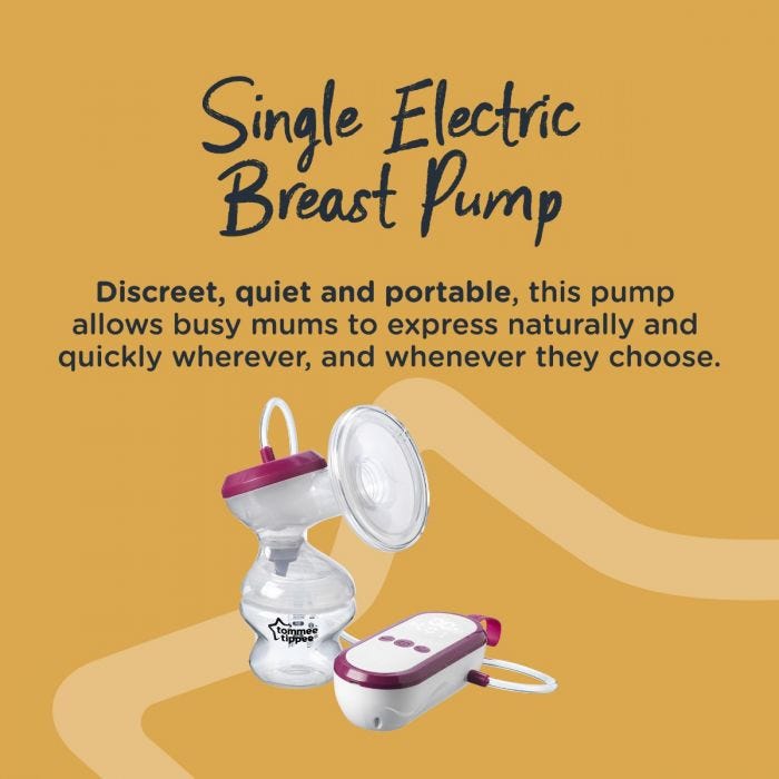 Single electric breast pump with detail of how it is discreet, quiet and portable allowing mum to express as she chooses.
