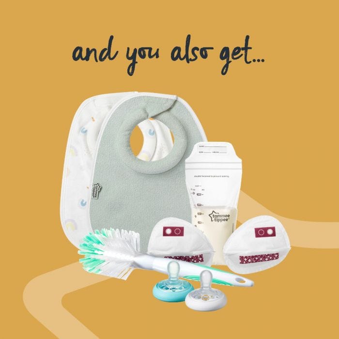 And you also get additional items pictured showing breast pads, milk storage bags, breast-like soothers, bibs and bottle brush.