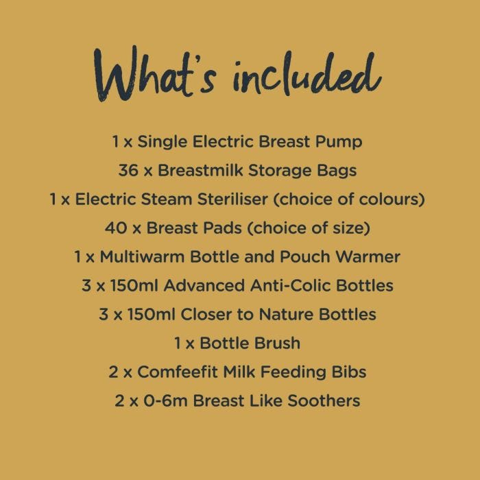 List of what is included in the complete breastfeeding bundle. Including steriliser, breast pump bottles and accessories.
